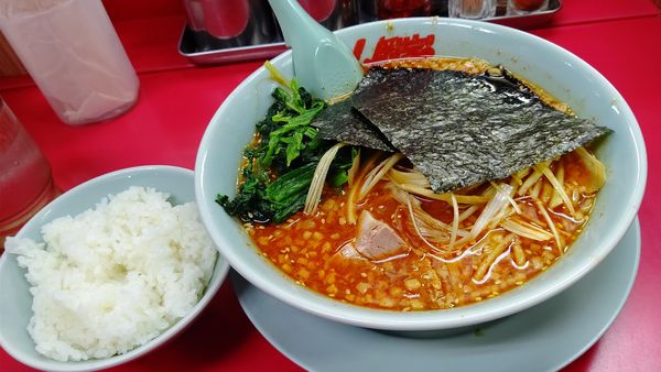 「辛味噌ネギラーメン(激辛）＋小ライス&ホウレン草」@ラーメン山岡家 音羽蒲郡店の写真