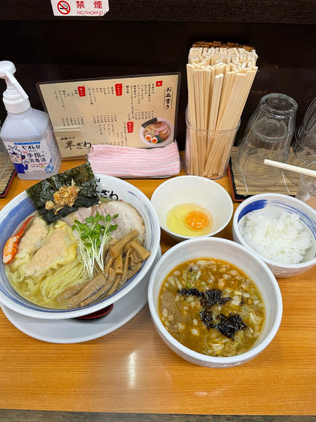 「オマール海老つけそば塩、熱盛り＋オマール海老ワンタン＋小ライス」@中華そば 半ざわの写真