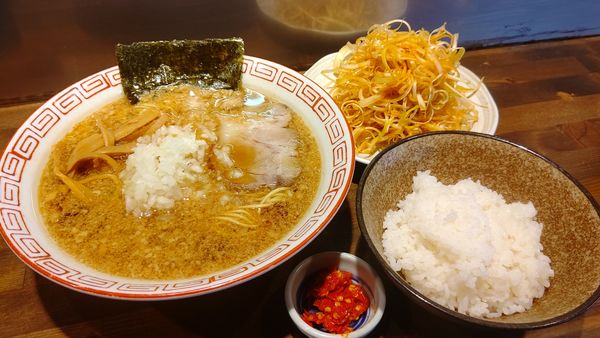 「こってり醤油ラーメン６５０円激辛とうがらし、半ライス、しらが」@中華そば専門店 びんびん亭 瑞穂店の写真