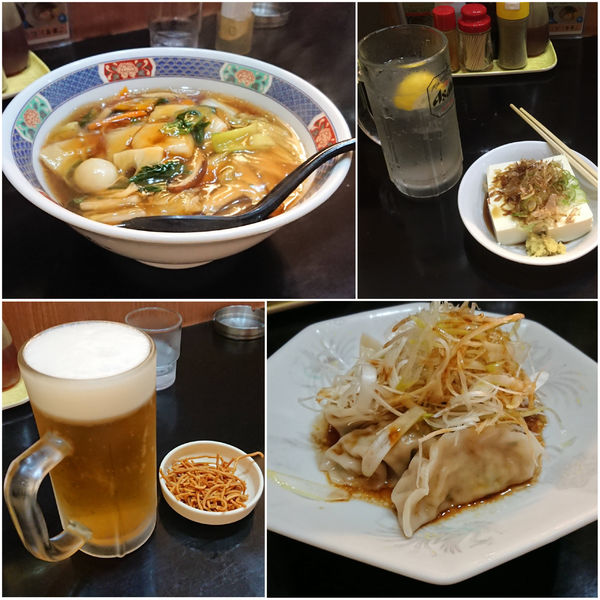 「生ビール＋水餃子＋チューハイ＋やっこ＋広東麺」@ラーメン明日香 八千代台店の写真