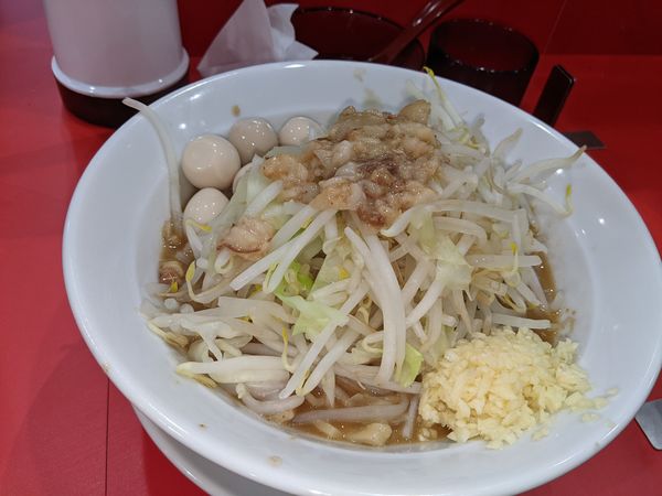 「ラーメン麺少な目(200g位)＋うずら＋節玉」@ラーメン ノックアウトの写真