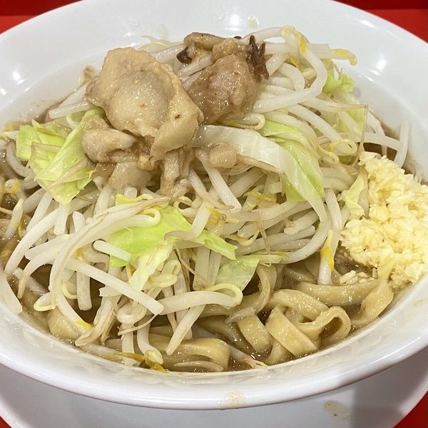 「ラーメン（麺少なめ・ニンニク少・アブラ普通・野菜普通）」@ラーメン ノックアウトの写真