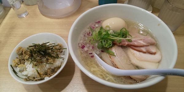 「特製中華そば 塩+貝ごはん」@貝麺みかわの写真