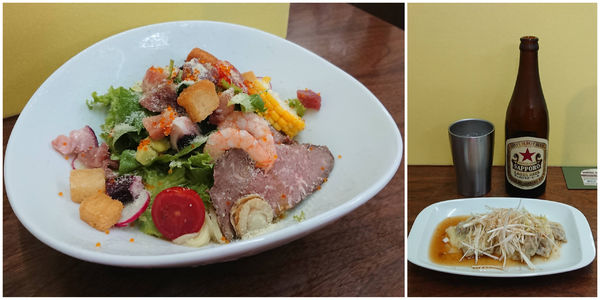 「【限定】洋風海鮮サラダ麺＋皿わんたん＋瓶ビール(赤星)」@4代目松屋食堂の写真