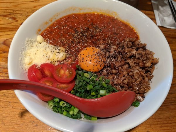 「トマト　まぜメン　1100円+大盛り350円　ランチライス無料」@十夢の写真