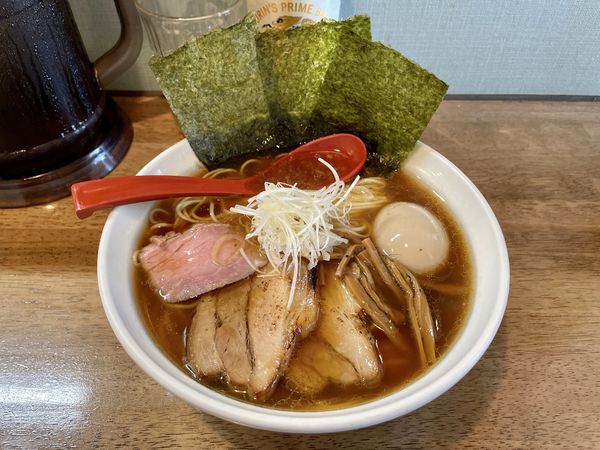 「キリン一番搾り生 中瓶 → 生醤油オールスター 大盛」@めん屋 平右衛門の写真