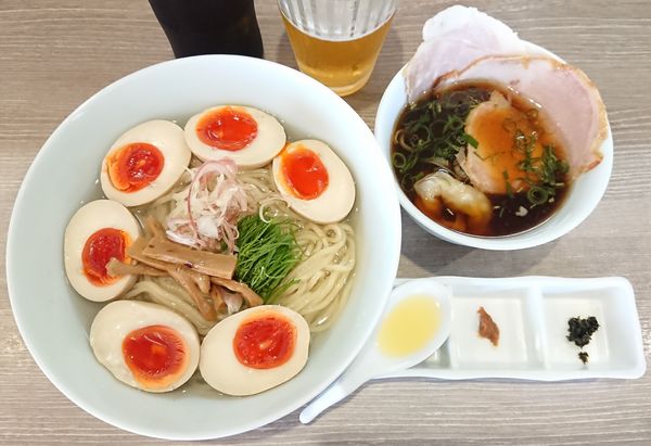 「特製蜆昆布水つけ麺(醤油)＋味玉＋プレミアムモルツ」@中華そば 和渦 TOKYOの写真