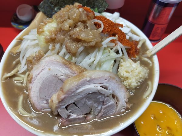 「大・煮干・麺増640・生卵（麺固め・にんにく・脂・唐辛子）」@ハナイロモ麺 吉祥寺本店の写真