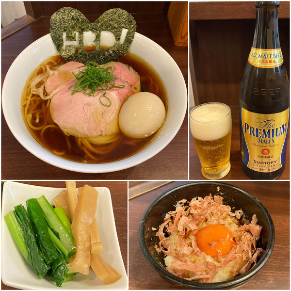 「【限定】淡麗醤油らーめん(ハピバver.)＋紅孔雀卵かけご飯」@とものもとの写真