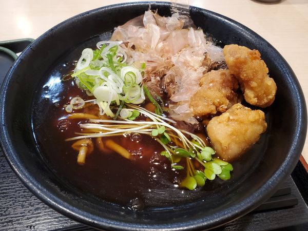 「あんかけなめこそば・温＋唐揚げ」@ゆで太郎 長者町店の写真