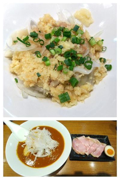 「スパイシー牛タンカレーヌードル+背脂生姜水餃子他」@寿製麺よしかわ 川越店の写真