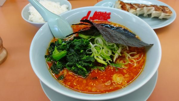 「辛味噌ラーメン激辛＋半ライス（クーポン、餃子）」@ラーメン山岡家 水戸内原店の写真