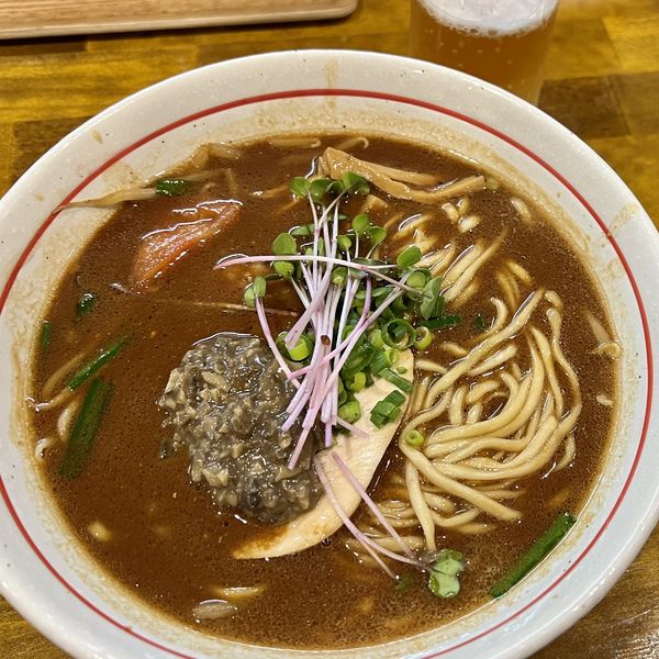 「【期間限定】ポルチーニ茸の黄金味噌らー麺＋生ビール小」@麺屋 ぬまたの写真