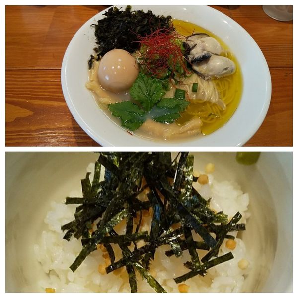 「ゆず香る牡蠣塩そば 大盛り (限定)+煮玉子+茶漬けセット」@麺屋 真心の写真