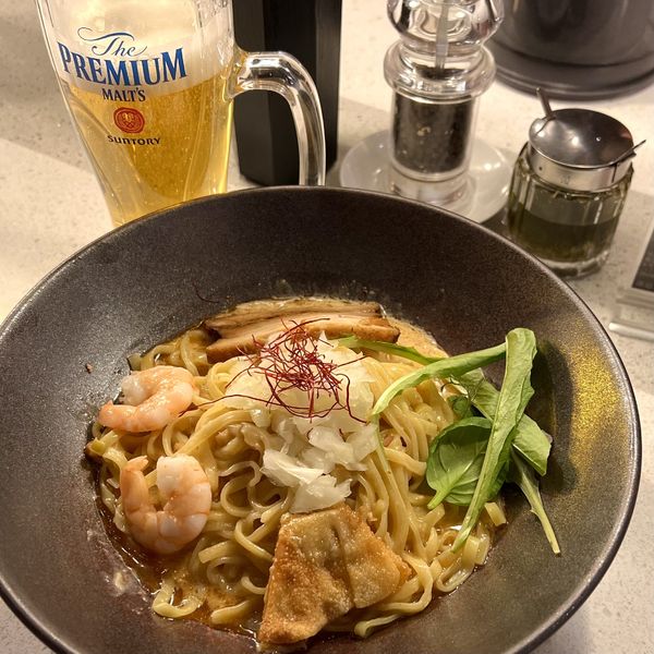 「海老クリームまぜそば＋生ビール」@SHRIMP NOODLE 海老ポタの写真