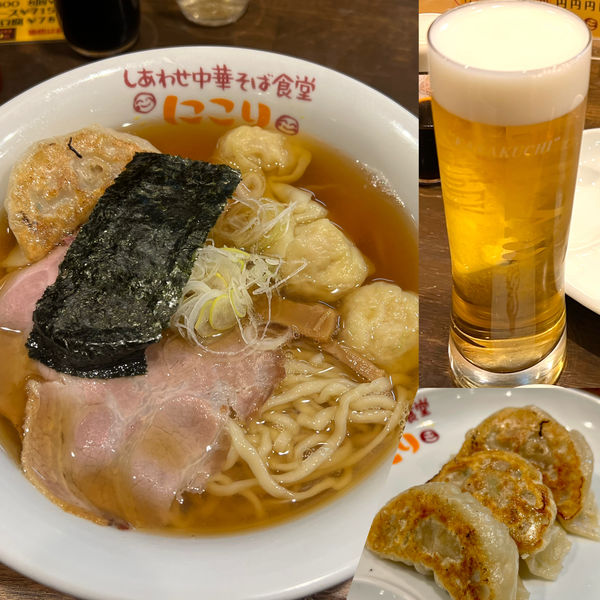 「わんたん中華そば＋生ビール＋手づくりギョウザ（３？個）」@しあわせ中華そば食堂 にこりの写真