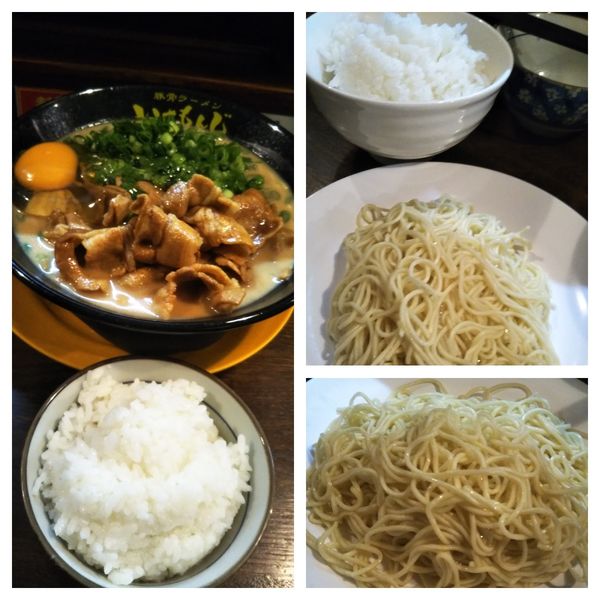 「肉増し肉玉(半ライス付き)➕半ライス➕替え玉×2」@豚骨ラーメン いちもんじ 北本店の写真