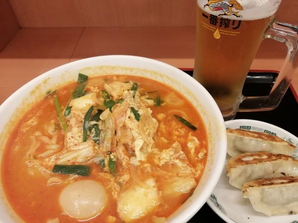 「チゲ味噌ラーメン(640)+味玉(サービス50)他」@日高屋 戸塚西口店の写真