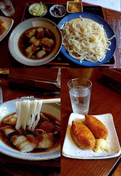 「『肉汁つけうどん 大盛+いなり寿司 2個』」@そば処 照路庵の写真
