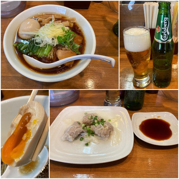 「【限定】生姜そば(醤油)＋味付け玉子＋皿ワンタン＋カールスバーグ」@麺処ゆきちの写真