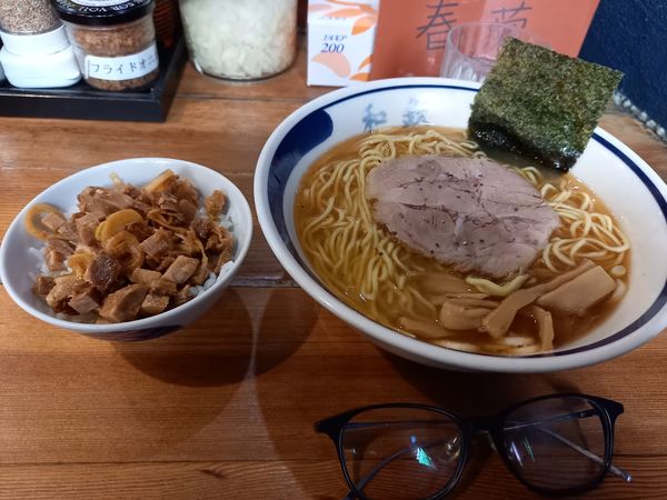 「中華そば(大盛無料)ミニチャーシュー丼(無料)」@和風ラーメン 和鉄の写真