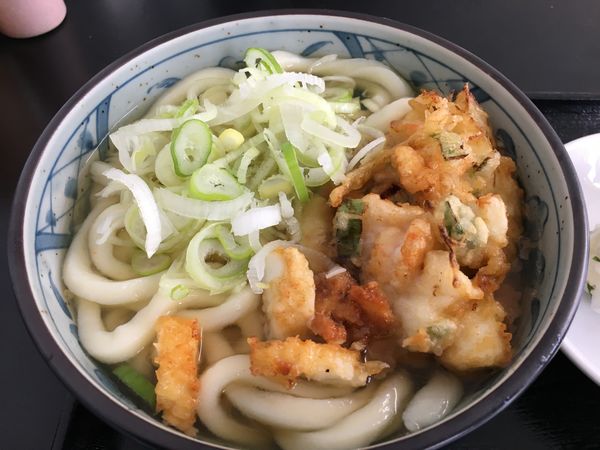 「海鮮かき揚げうどん＋おにぎり」@西内食堂の写真