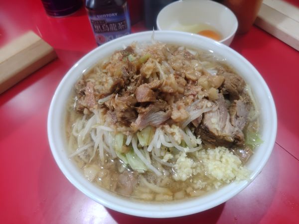 「大ラーメン麺柔めニンニク少なめアブラカラメ生卵」@ラーメン二郎 千葉店の写真