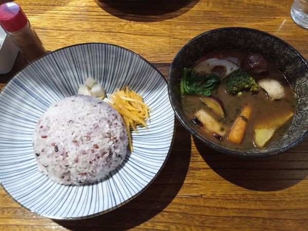 「ろじまる野菜のスープカレー1100円鶏ガラ五穀米大盛辛口」@スープカレーの店 ブライアンの写真