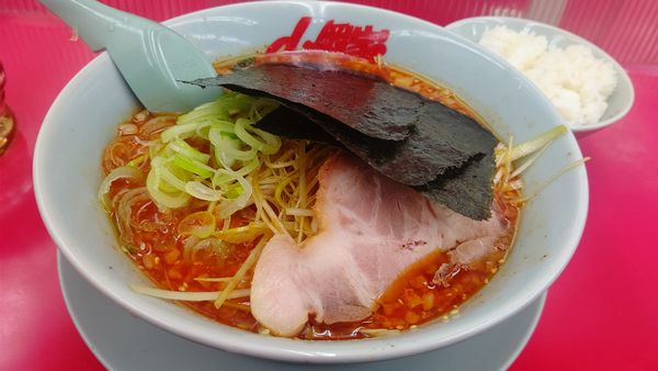 「辛味噌ラーメン（激辛）＋半ライス920円クーポンネギ」@山岡家 富士店の写真