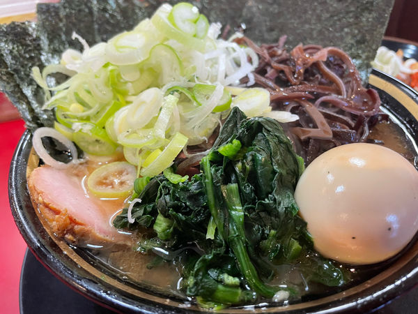 「ラーメン＋薬味ねぎ＋きくらげ＋半賄い飯」@家系ラーメン とらきち家の写真