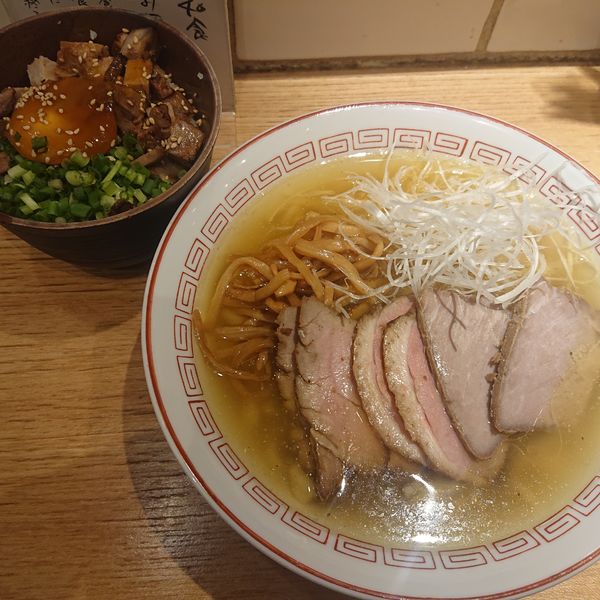 「肉そば塩煮干しＸ丼セット1280円」@超多加水自家製手揉み麺 きたかた食堂の写真