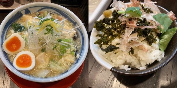 「［限定］白菜と蟹出汁のとろみそば　追い飯　味玉」@まるふじ食堂の写真