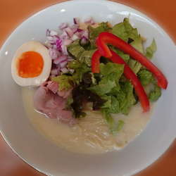 ベジ・鶏らーめんと玉ねぎ、メンマ(穂先)、半味玉