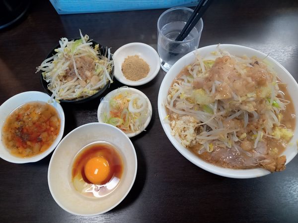 「ラーメン半分、野菜ドデン、魚粉、アブラ増し、ニンニク、生姜」@ラーメンどでん 大宮店の写真