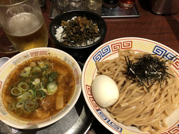 「生ビール　醤油つけそば大盛 ゆで玉子&高菜ごはん」@紀州和歌山ラーメン まっち棒 溝の口店の写真