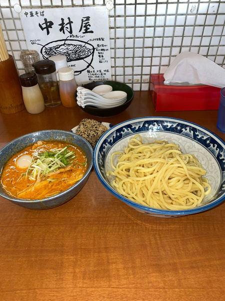 「海老辛つけ麺大盛り味玉¥1,050円、サービスおにぎり」@中華そば 中村屋の写真