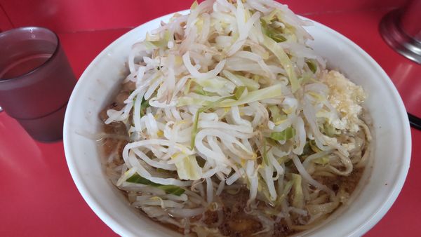 「小ラーメン(麺少なめ)750円ニンニク半分、野菜」@ラーメン二郎 茨城守谷店の写真