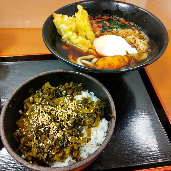 「【季節限定】とり天アスパラそば（￥590）＋温泉玉子（クーポ」@ゆで太郎 東邦医大通り店の写真