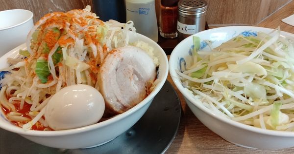「辛ラーメン野菜ダブル＋味玉」@ジャンクガレッジ 和光市駅南口店の写真