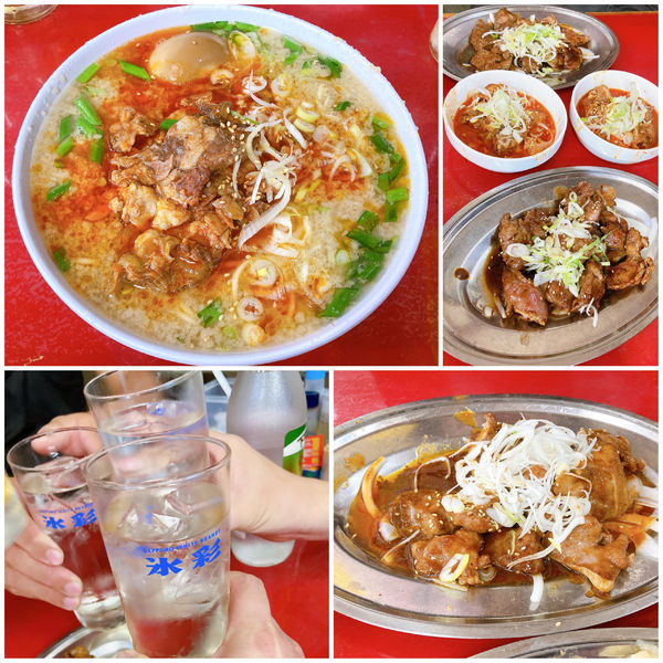 「辛口ホルモン麺(味玉入)＋諸々」@とん平食堂の写真