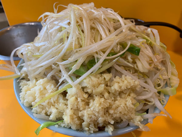「ドクロ　ヤサイマシニンニクアブラマシマシ　生姜　ねぎ　生卵」@ラーメン二郎 八王子野猿街道店2の写真