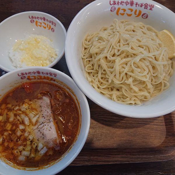 「カレーつけそば大盛1080円、〆のチーズごはん100円」@しあわせ中華そば食堂 にこりの写真