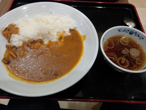 「新宿ポークカレー　５００円　スープ付」@越後そば 千住ミルディス店の写真