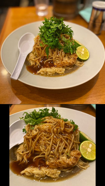 「限定・クリガニとゴボウの和えそば¥1800＋木の芽￥50」@稲荷屋の写真