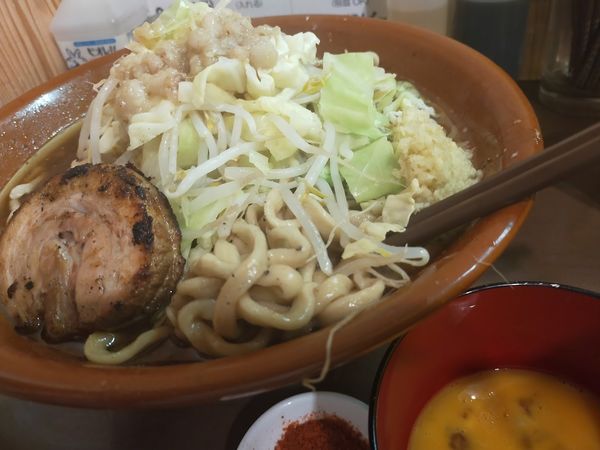 「豚魚・大2・生卵（脂・生姜・火粉別・炙）」@自家製麺 まさきの写真