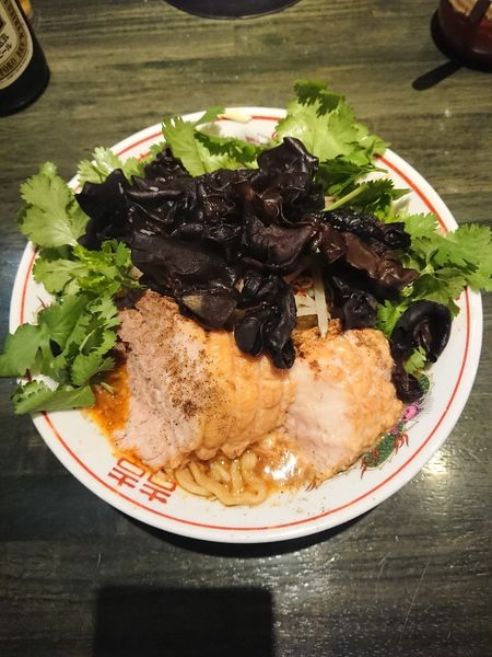 「赤星＋ミニ麻辣ラーメン＋パクチー＋きくらげ」@らーめん 豚島の写真