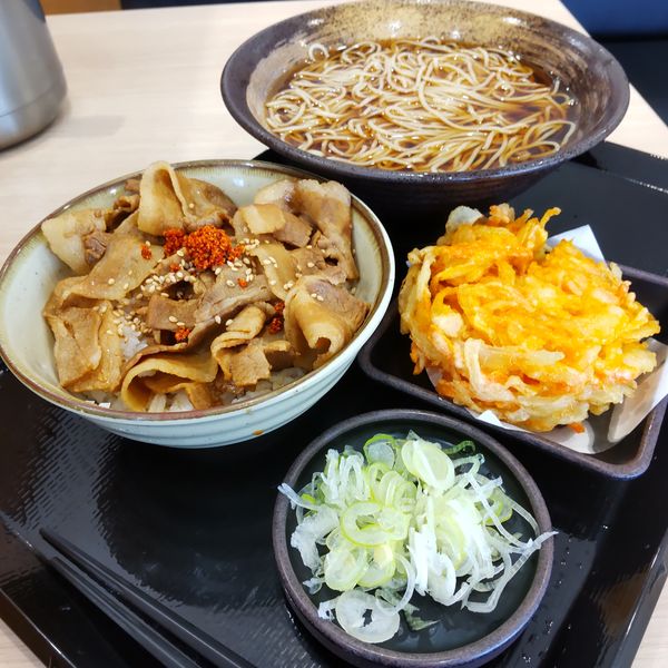 「【期間限定】ミニ肉ごぼう丼セット（￥750）＋かき揚げ（クー」@ゆで太郎 前橋総社町店の写真