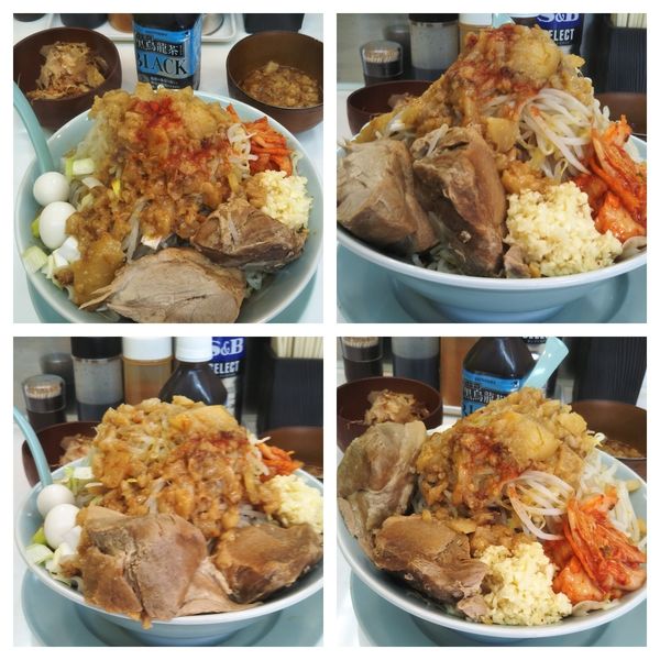 「【限定】辛い汁なし(豚2枚うずら2個)中盛り➕元気玉➕キムチ」@麺屋 顎で喰らえの写真