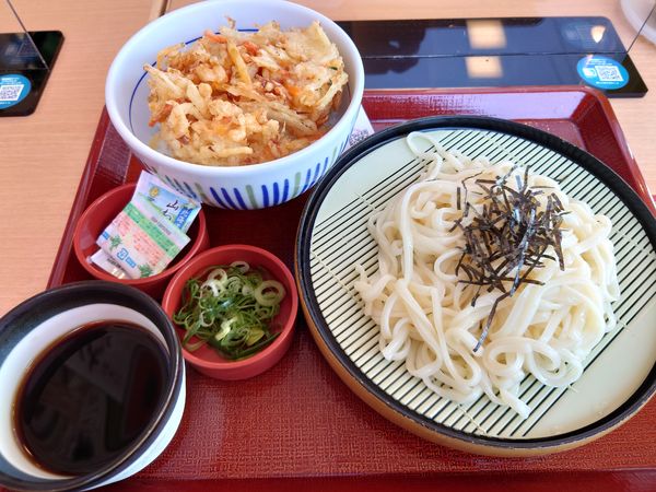 「ざるうどん（並）＋特製かき揚げ丼（小）600円」@なか卯 新座道場店の写真