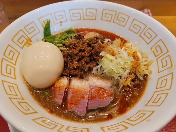 「冷やし黒豆担々麺　マキシマムこい味玉　鴨丼小」@鴨だしらーめん 鴨福の写真